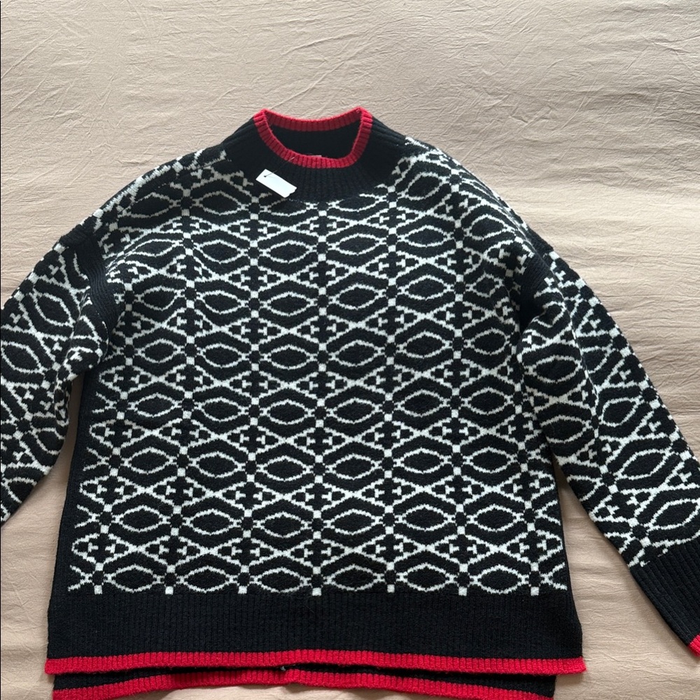 Talbots Black and White Geometric Sweater with Red Trim